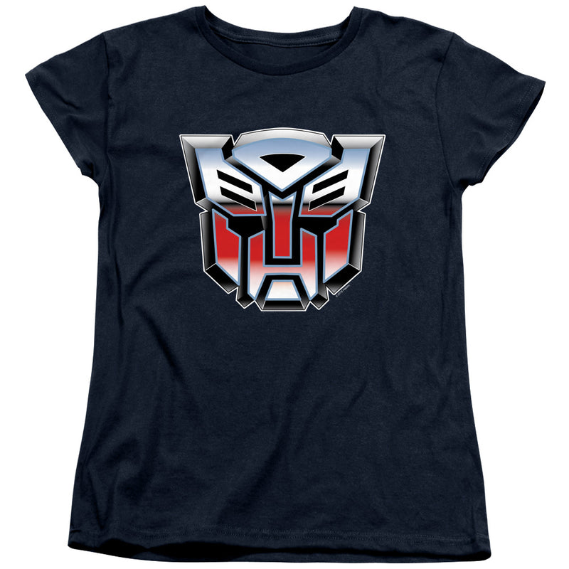 Navy women's short-sleeve t-shirt with a chrome-style red, silver, and black Autobot insignia logo from Transformers across the chest.