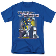 Royal blue t-shirt with 'TRANSFORMERS' logo and robot graphic of Decepticon Soundwave in grid background, text 'DECEPTICON SOUNDWAVE' at bottom.