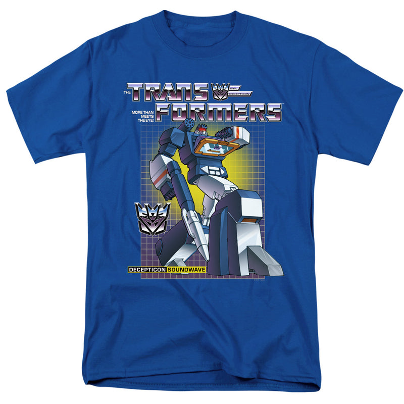 Royal blue t-shirt with 'TRANSFORMERS' logo and robot graphic of Decepticon Soundwave in grid background, text 'DECEPTICON SOUNDWAVE' at bottom.