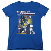 Women's royal blue short-sleeved t-shirt featuring Transformers Soundwave robot poster art with 'Transformers' in silver above it.
