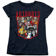 Navy short-sleeve women's t-shirt with red 'AUTOBOTS' lettering above a red-outlined shield filled with a collage of Transformers Autobot robots.
