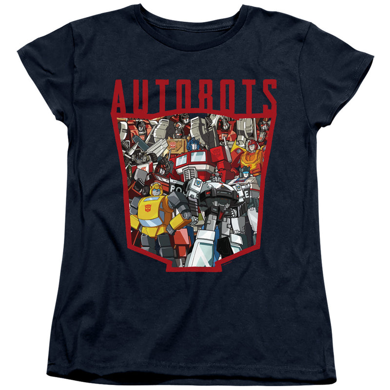 Navy short-sleeve women's t-shirt with red 'AUTOBOTS' lettering above a red-outlined shield filled with a collage of Transformers Autobot robots.