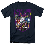 Navy crew neck t-shirt with 'DECEPTICONS' in purple letters above a purple shield framing a colorful collage of Transformers robot characters.