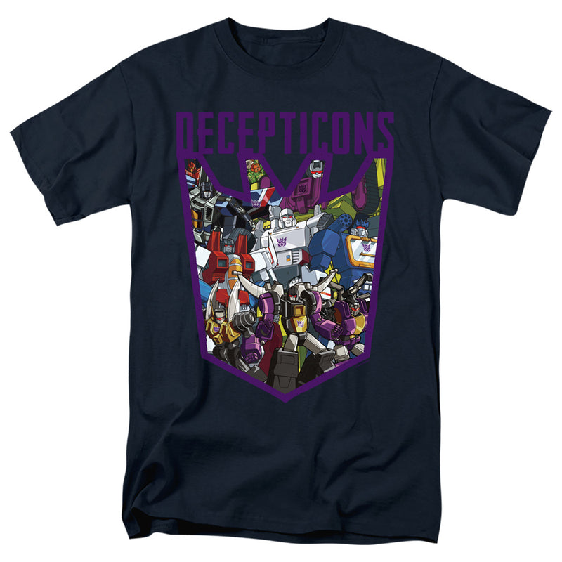 Navy crew neck t-shirt with 'DECEPTICONS' in purple letters above a purple shield framing a colorful collage of Transformers robot characters.