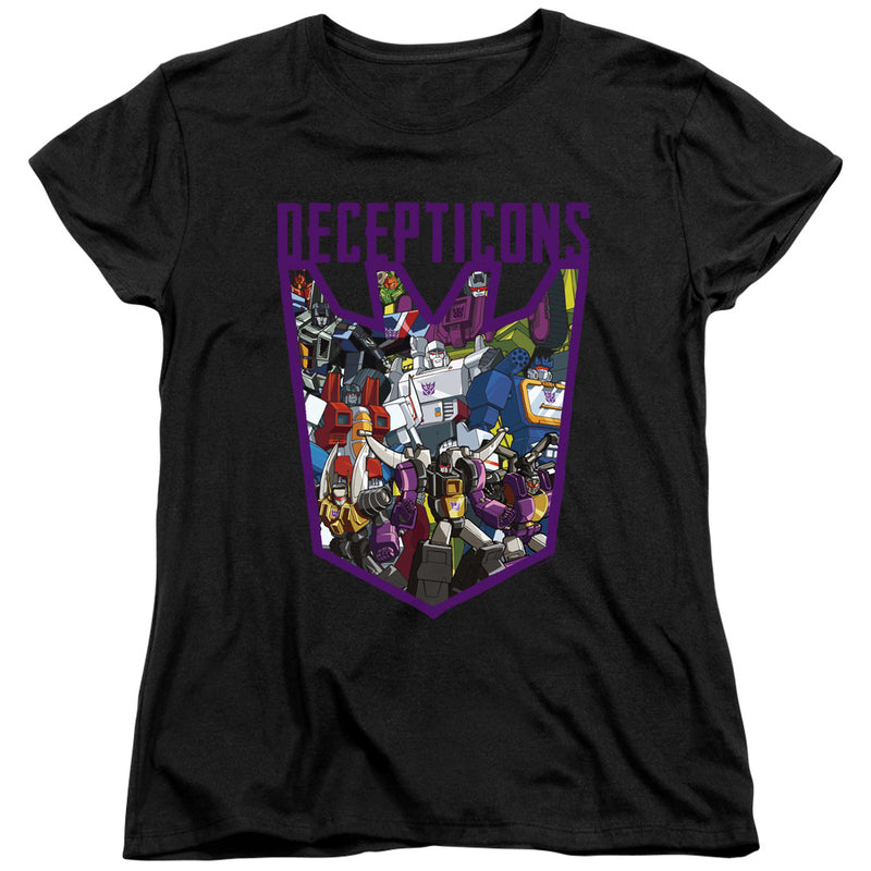 Women's cut black t-shirt featuring a Decepticon robot collage in a purple shield with the text 'DECEPTICONS' in purple above it.