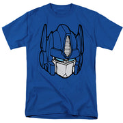 Royal blue short-sleeved t-shirt featuring a large Optimus head graphic from Transformers with a white face and blue eyes.