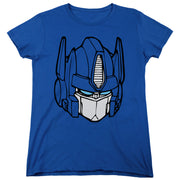 Women's cut royal blue Transformers Optimus Head t-shirt in a fitted silhouette, showing the same large Optimus head graphic.