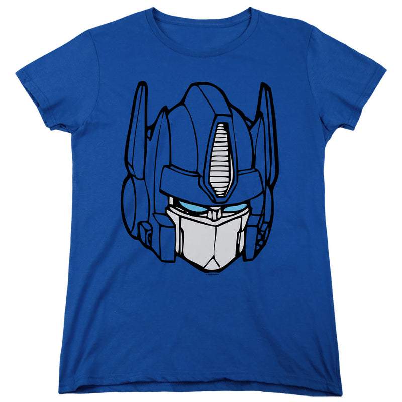 Women's cut royal blue Transformers Optimus Head t-shirt in a fitted silhouette, showing the same large Optimus head graphic.