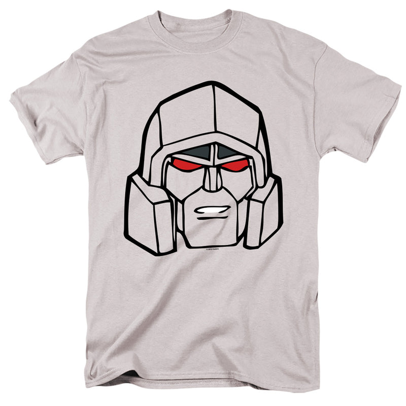 Light gray t-shirt with a large black-outlined graphic of the Transformers Megatron robot head, featuring red eyes and a white mouth grille.