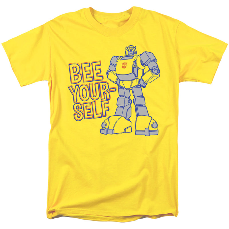 Yellow short-sleeve t-shirt with a blue and orange outlined graphic of Bumblebee robot and the text 'BEE YOUR-SELF' in bold letters.