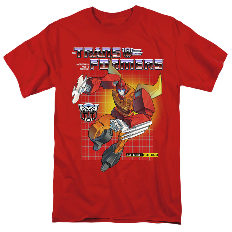 Red short-sleeved t-shirt featuring Autobot Hot Rod against a red grid with the text 'Transformers' in silver above him.