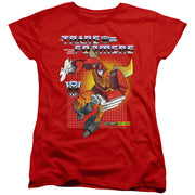 Women's fitted red t-shirt showing the same Autobot Hot Rod design and 'Transformers' logo in a shorter cut.