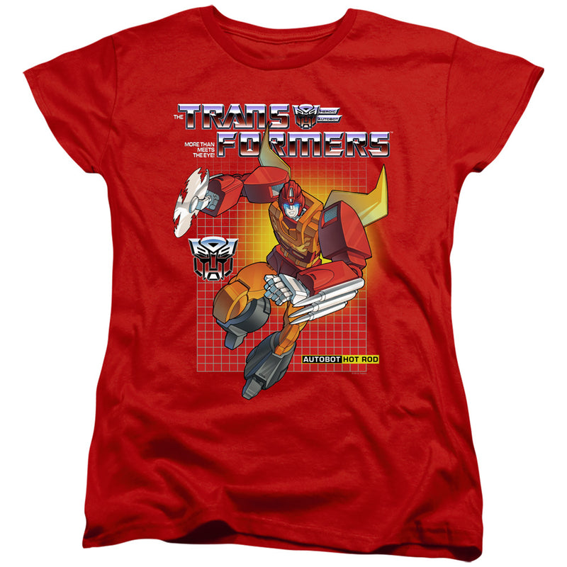 Women's fitted red t-shirt showing the same Autobot Hot Rod design and 'Transformers' logo in a shorter cut.