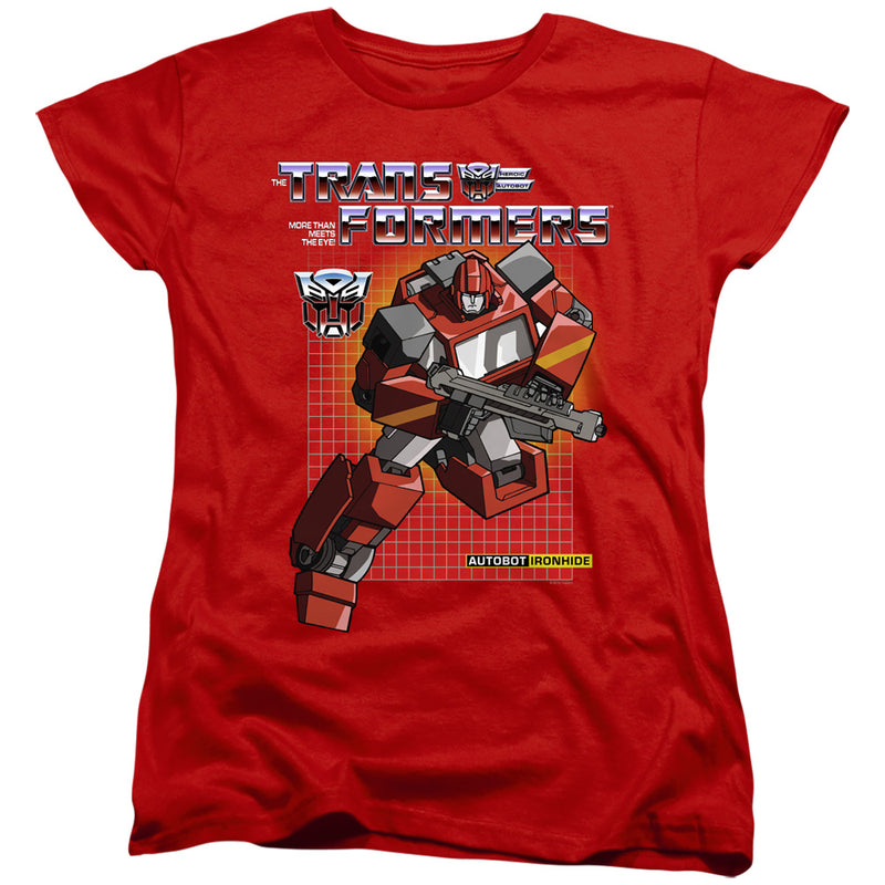 Back view of women's red fitted t-shirt featuring the Autobot Ironhide robot with the same Transformers logo and Autobot Ironhide label.