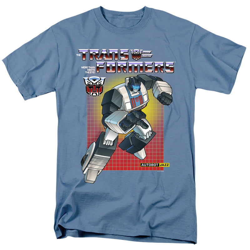 Slate blue short-sleeved t-shirt featuring Autobot Jazz on a red grid background with the text 'Transformers' in silver chrome lettering above him