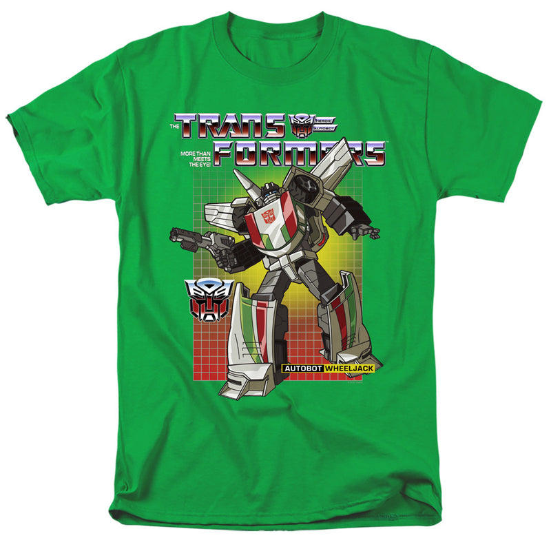 Kelly green t-shirt featuring Autobot Wheeljack with the text 'Transformers' in silver above and 'Autobot Wheeljack' on a yellow label below.