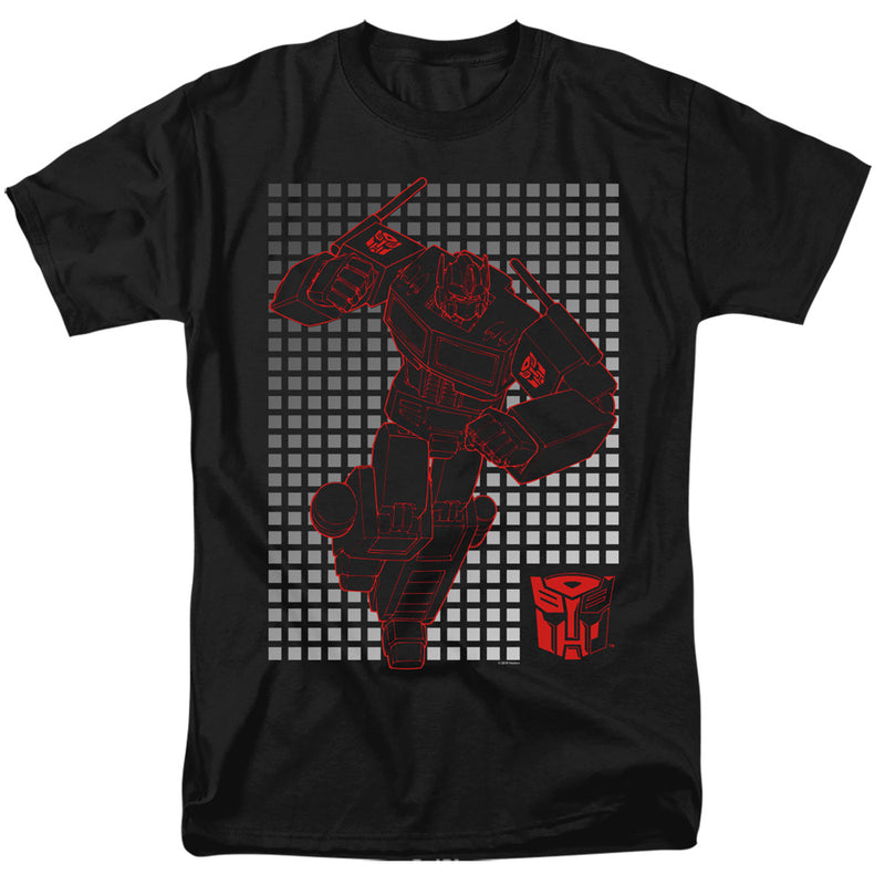 Black t-shirt with red outlined Optimus Prime robot over a gray checkered grid, plus a red Autobot logo at lower right.