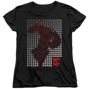 Black women's t-shirt with red outlined Optimus Prime robot over a grid of gray squares, plus a red Autobot emblem at the lower right.