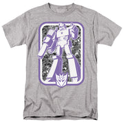 Athletic heather gray t-shirt featuring a large purple and white Decepticon robot in a purple-framed rectangle with a Decepticon emblem below.