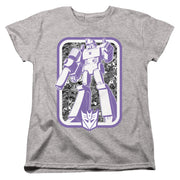 Women's fitted heather gray t-shirt with the same purple and white Decepticon robot graphic and emblem.