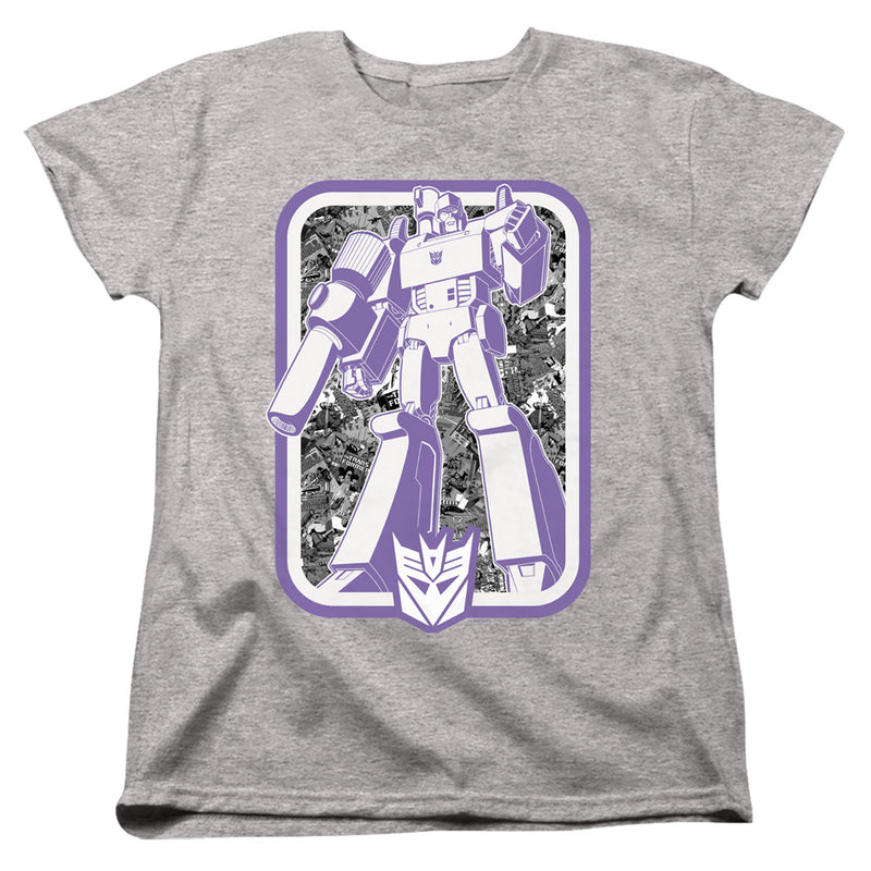 Women's fitted heather gray t-shirt with the same purple and white Decepticon robot graphic and emblem.