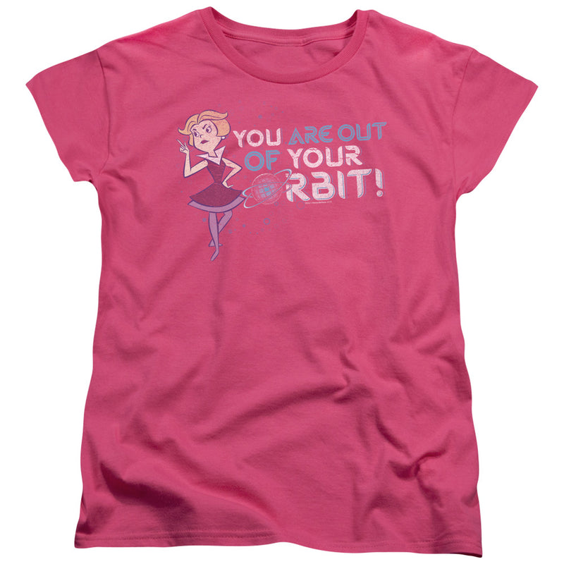 Hot pink women's t-shirt with cartoon woman in purple dress and text "YOU ARE OUT OF YOUR ORBIT!" beside a planet graphic.