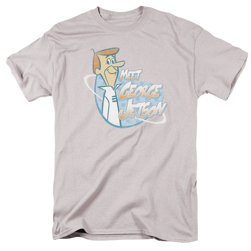 Light gray t-shirt with a cartoon of George Jetson in a white collared shirt, above the text "MEET GEORGE JETSON" in orange lettering.