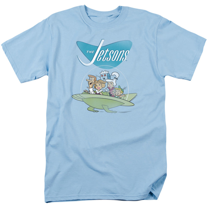 Light blue t-shirt with 'THE Jetsons' logo above cartoon Jetsons family riding a green flying saucer car.
