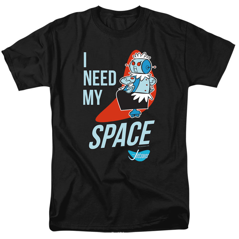 Black t-shirt with light blue text reading "I NEED MY SPACE" beside a cartoon robot maid Rosie on a red swoosh, plus a "Jetsons" logo.