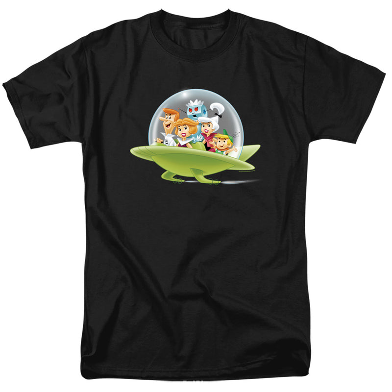 Black t-shirt with full-color cartoon of The Jetsons family riding a green flying saucer under a glass dome, with Rosie the robot.