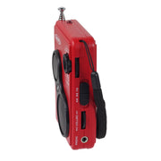 Red Jensen handheld AM/FM weather band radio with chrome telescoping antenna, black speaker grille, wrist strap, and labels reading AM, WB, FM, VOLUME, MAX, OFF, and PHONE.
