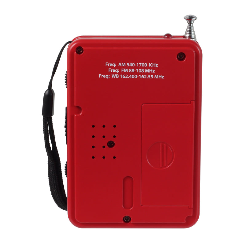 Back of red handheld Jensen AM/FM weather band radio with telescoping antenna, wrist strap, and printed frequency ranges for AM, FM, and WB.