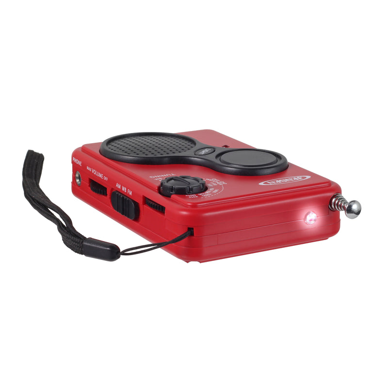 Red Jensen portable AM/FM weather band radio with black speaker grille, tuning dial, extendable antenna, wrist strap, and white LED flashlight.