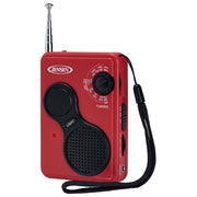 Red portable Jensen AM/FM weather band radio with extended silver antenna, black speaker grille, black wrist strap, and a "LIGHT" button.