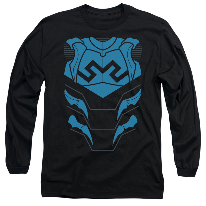 Black long-sleeved t-shirt featuring a blue Blue Beetle suit armor graphic with a black chevron emblem on the chest and layered plates down the torso.