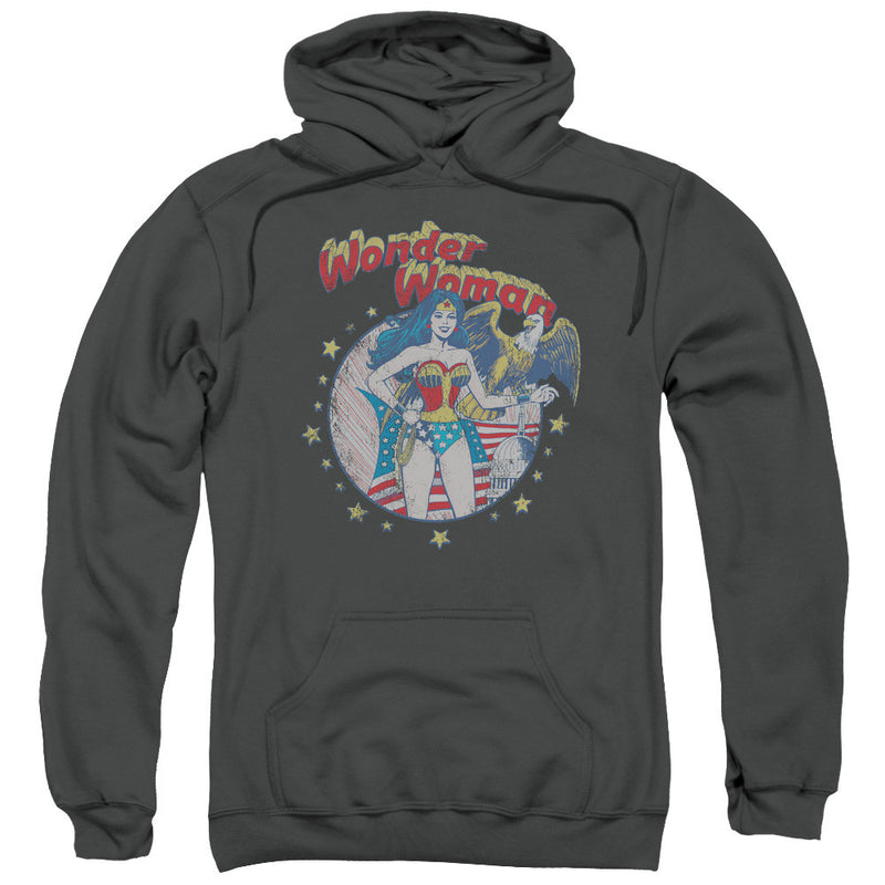 Charcoal gray pullover hoodie with vintage-style Wonder Woman graphic, text "Wonder Woman" above her in red, stars, eagle, and American flag design.