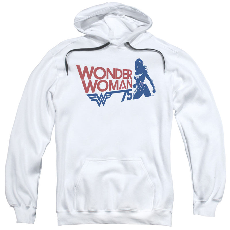 White pullover hoodie with red 'WONDER WOMAN' and '75' text, blue Wonder Woman logo, and blue silhouette of Wonder Woman on the chest.