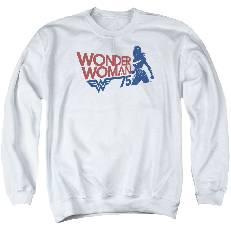 White crewneck sweatshirt with red WONDER WOMAN text, blue Wonder Woman logo, and blue silhouette of Wonder Woman with '75' beside her.