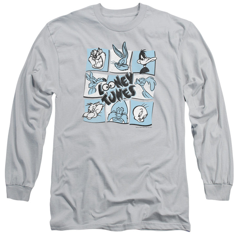 Silver long-sleeve t-shirt with a grid of blue-tinted Looney Tunes character faces and the words "LOONEY TUNES" in black lettering across the center.
