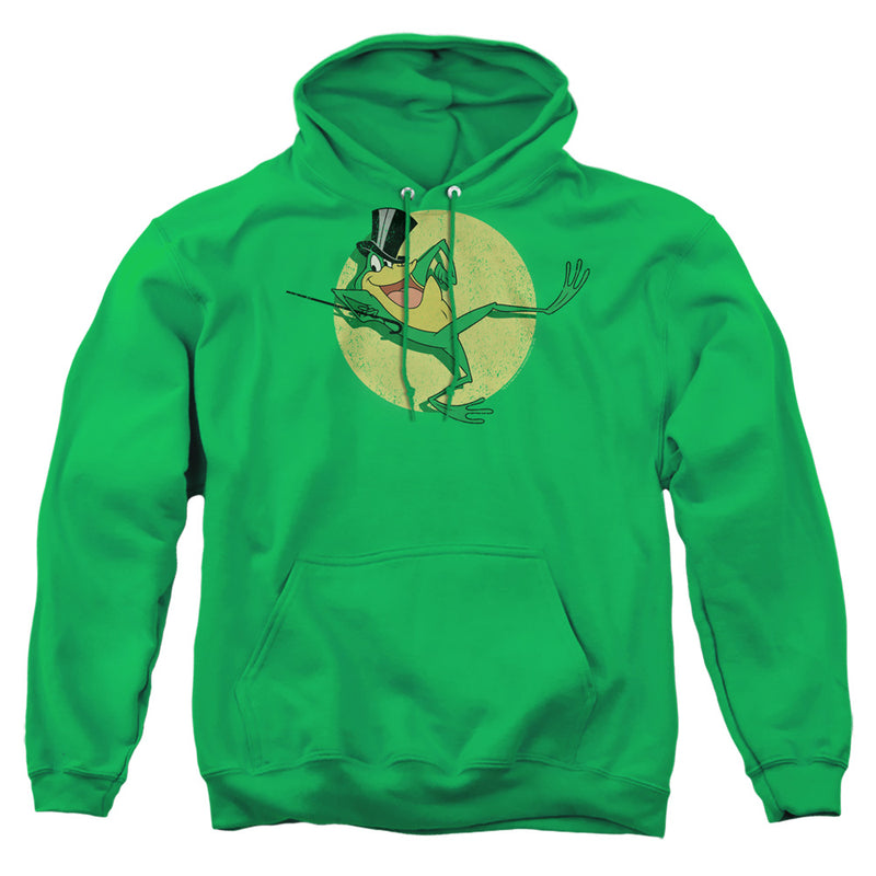 Kelly green pullover hoodie with a cartoon frog in a top hat holding a cane, dancing in front of a pale yellow circle.