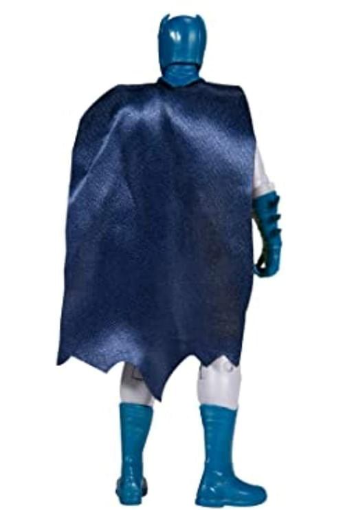 Back view of the Batman 6 inch action figure showing the flowing blue cape draped over the back and blue boots.
