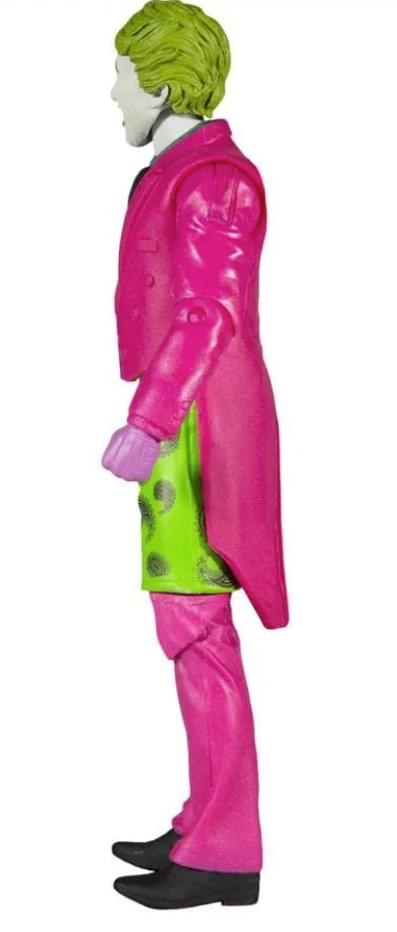 Side view of the Batman 66 Joker action figure in profile, showing the long pink tailcoat and green paisley shorts.