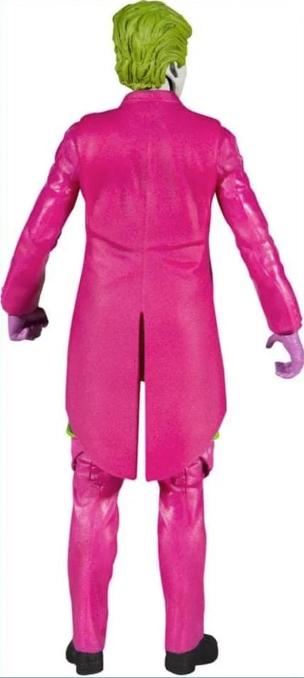 Back view of the Batman 66 Joker action figure showing the pink tailcoat's center vent and pink trousers from behind.