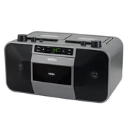 Gray Jensen portable stereo boombox with CD player, dual cassette deck, and AM/FM radio; black speaker grilles on both sides and a green digital display.