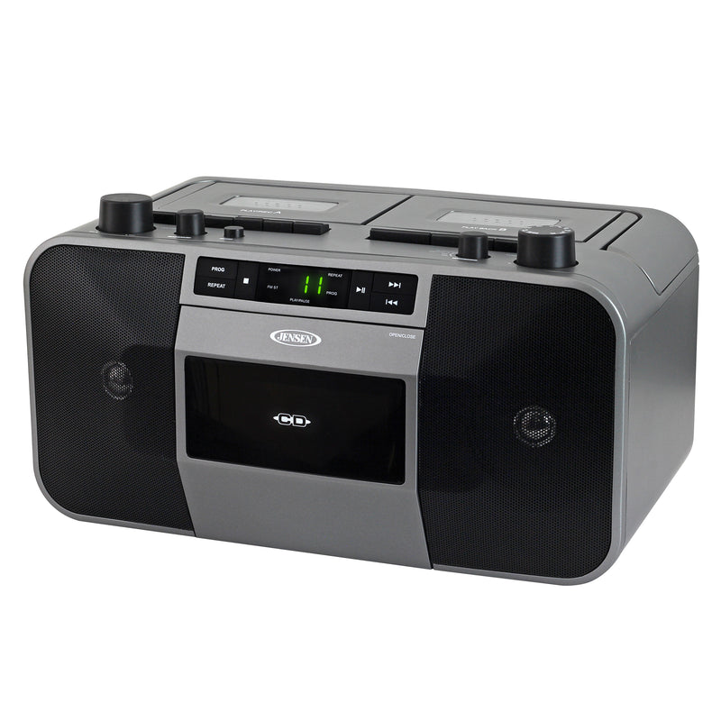 Gray Jensen portable stereo boombox with CD player, dual cassette deck, and AM/FM radio; black speaker grilles on both sides and a green digital display.