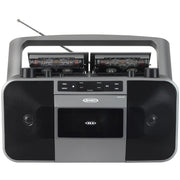 Jensen gray portable boombox with dual cassette decks, CD player, and black speaker grilles; telescoping antenna and carry handle visible.