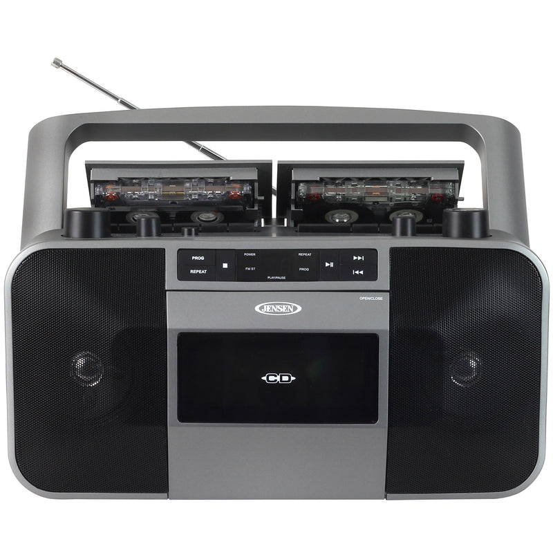 Jensen gray portable boombox with dual cassette decks, CD player, and black speaker grilles; telescoping antenna and carry handle visible.