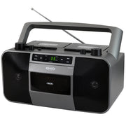 Gray Jensen portable boombox with dual cassette decks, CD player, carry handle, telescoping antenna, and black speaker grilles on each side.