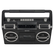 Black Jensen portable boombox with carry handle, AM/FM radio dial, cassette deck, and two front speakers with silver grilles.