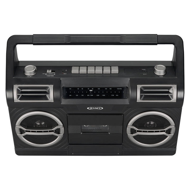 Black Jensen portable boombox with carry handle, AM/FM radio dial, cassette deck, and two front speakers with silver grilles.